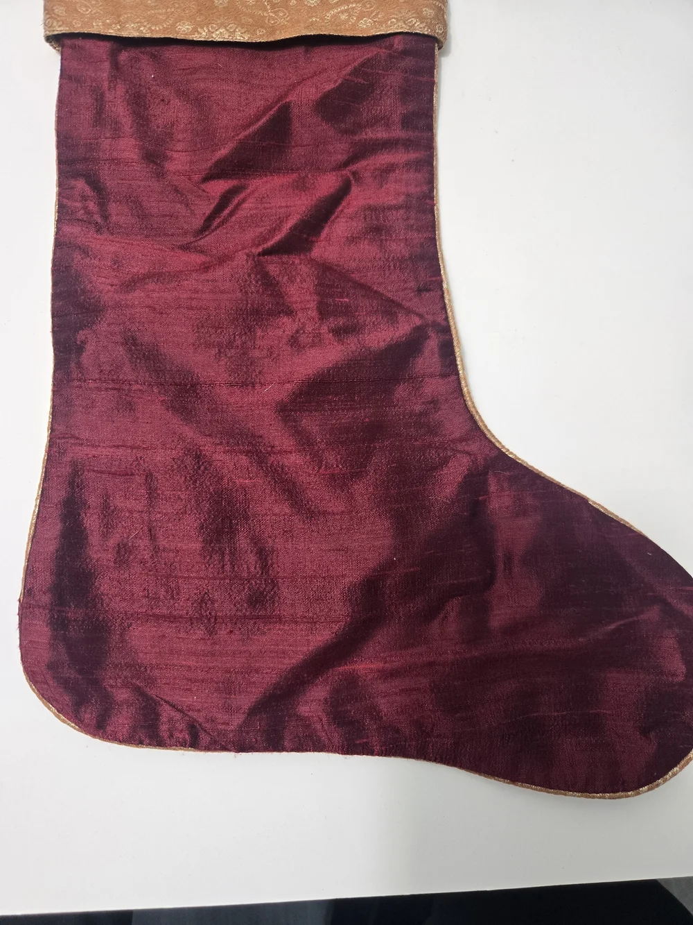Crate & Barrel Velvet Stocking in Burgundy with Embroidered Cuff